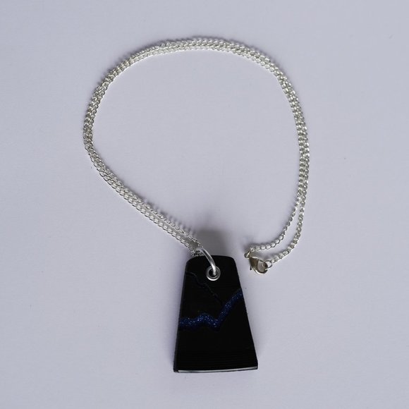 Black Vinyl Record Pendant Cracked with Blue Spark - Picture 3 of 5